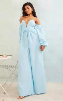 PrettyLittleThing Синий льняной комбинезон с широкими штанинами и V-образным вырезом