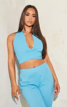 PrettyLittleThing Синий льняной топ с бретелькой на шее и завязкой спереди
