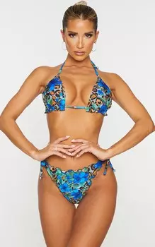 PrettyLittleThing Синий мягкий бикини-топ с оборками и животным цветочным принтом