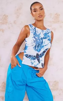 PrettyLittleThing Синий обтягивающий удлиненный топ без рукавов из ацетата с разрезом на подоле