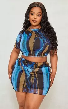PrettyLittleThing Синий сетчатый топ Plus с абстрактным принтом и подолом салата