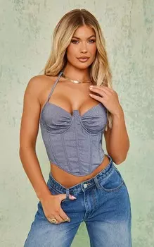 PrettyLittleThing Синий строгий корсет из эластичной ткани с бретельками на бретельках