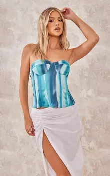 PrettyLittleThing Синий структурированный корсетный топ со стальным принтом