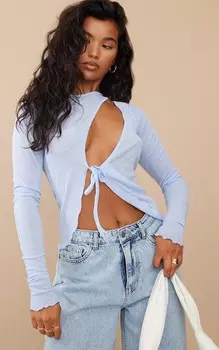 PrettyLittleThing Синий текстурированный прозрачный удлиненный топ с открытыми завязками и запахом Extreme Extreme