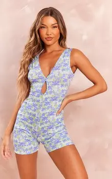 PrettyLittleThing Синий трикотажный комбинезон с цветочным принтом и замочной скважиной