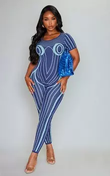 PrettyLittleThing Синий трикотажный комбинезон с короткими рукавами и принтом Shape