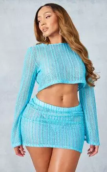 PrettyLittleThing Синий укороченный топ с блестками и текстурой с длинными рукавами Shape