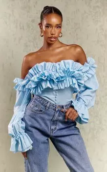 PrettyLittleThing Синяя блузка с цветочным принтом и экстремальной оборкой, завязкой спереди и расклешенными рукавами