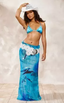 PrettyLittleThing Синяя длинная юбка в сеточку с принтом «рыбий хвост» и принтом «Дельфин»