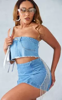PrettyLittleThing Синяя джинсовая мини-юбка Shape с пайетками