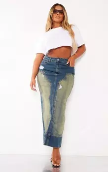 PrettyLittleThing Синяя джинсовая потертая длинная юбка Shape