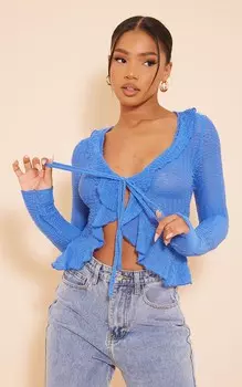 PrettyLittleThing Синяя фактурная трикотажная рубашка с рюшами и галстуком