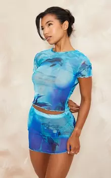 PrettyLittleThing Синяя футболка в сетку с принтом и короткими рукавами