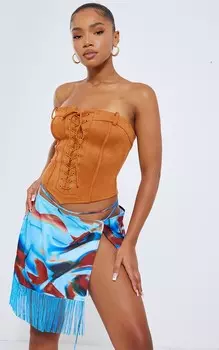 PrettyLittleThing Синяя мини-юбка с кисточками и запахом по краю с абстрактным принтом