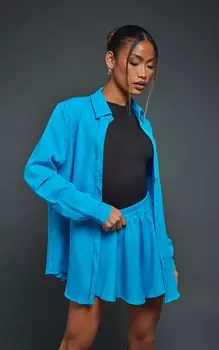 PrettyLittleThing Синяя рубашка оверсайз с длинным рукавом
