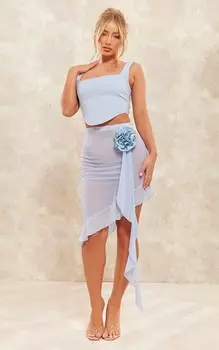 PrettyLittleThing Синяя юбка-миди с сетчатой отделкой и рюшами