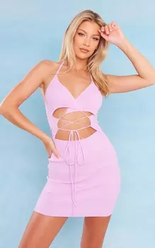 PrettyLittleThing Сиреневое мини-платье в рубчик с кружевом спереди