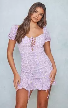 PrettyLittleThing Сиреневое облегающее платье с цветочным принтом и рюшами и пышными рукавами