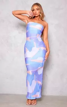 PrettyLittleThing Сиреневое платье макси с абстрактным принтом и плиссировкой-бандо с капюшоном на спине