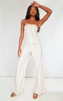 PrettyLittleThing Складной комбинезон-бандо из льна Stone в тонкую полоску