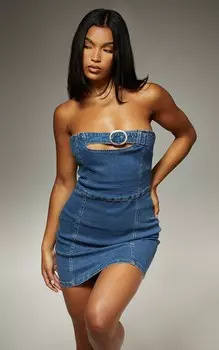 PrettyLittleThing Средне-синее микро-мини-платье из денима стрейч с поясом
