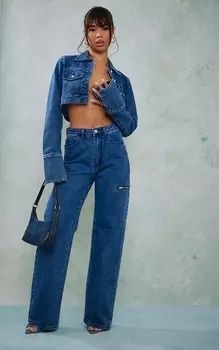 PrettyLittleThing Средне-синие прямые джинсы с молнией до бедра