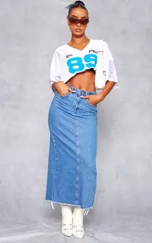 PrettyLittleThing Средне-синяя джинсовая юбка-миди с регулируемыми боками