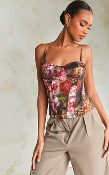 PrettyLittleThing Структурированный корсетный топ глубокого черного цвета с цветочным принтом