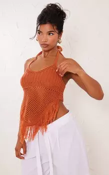 PrettyLittleThing Светло-коричневый топ с оборкой и глубоким подолом, связанный крючком