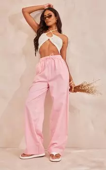 PrettyLittleThing Светло-розовые эластичные широкие брюки с льняным эффектом на кулиске