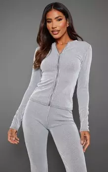 PrettyLittleThing Светло-серый двухцветный удлиненный топ в рубчик на молнии