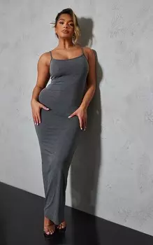 PrettyLittleThing Темно-серое трикотажное платье макси с бретелями Shape