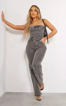 PrettyLittleThing Темно-серый джинсовый комбинезон-бандо