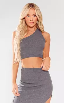 PrettyLittleThing Темно-серый укороченный топ на одно плечо в рубчик с бретелями
