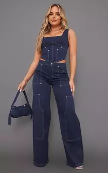 PrettyLittleThing Темно-синие прямые брюки карго из саржи с контрастным швом