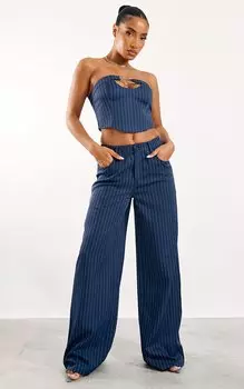PrettyLittleThing Темно-синие широкие брюки из тканой ткани в тонкую полоску с высокой талией
