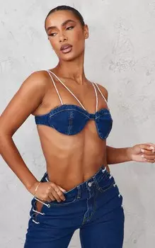 PrettyLittleThing Темно-синий джинсовый бюстгальтер без косточек с ремешками и стразами