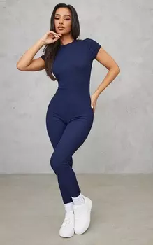 PrettyLittleThing Темно-синий комбинезон Petite с короткими рукавами в рубчик