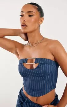 PrettyLittleThing Темно-синий тканый корсет с пряжкой в тонкую полоску
