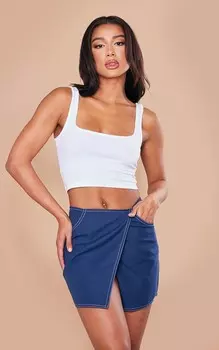 PrettyLittleThing Темно-синяя мини-юбка из легкой твиловой ткани с контрастной строчкой