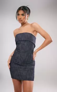 PrettyLittleThing Темно-угольное облегающее платье-бандо с текстурированной тканой складкой