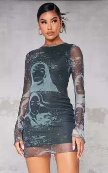 PrettyLittleThing Темно-угольное облегающее платье из сетчатой ткани с длинными рукавами и принтом лица