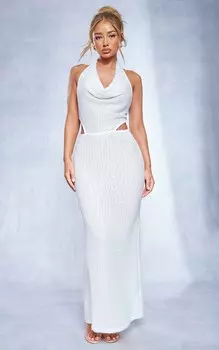 PrettyLittleThing Текстурированное платье макси цвета слоновой кости с воротником-халтер и завязкой на спине