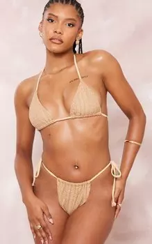 PrettyLittleThing Текстурированный бикини-топ с треугольными чашечками мокко, связанный крючком