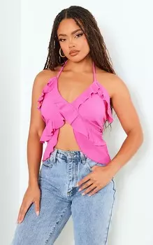 PrettyLittleThing Текстурированный длинный топ с рюшами и завязкой спереди розового цвета