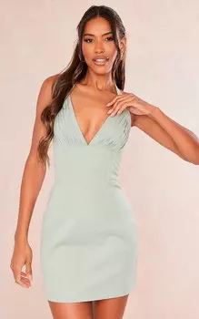 PrettyLittleThing Тканое облегающее платье цвета хаки со складками и бретельками на бретельках