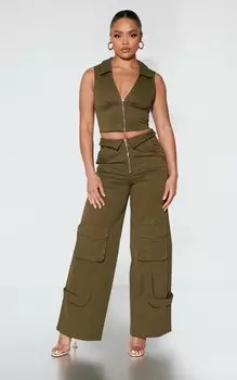 PrettyLittleThing Тканые брюки-карго цвета хаки с откидной талией и молнией спереди