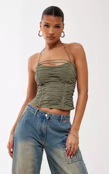 PrettyLittleThing Тканый эластичный корсет на шнуровке цвета хаки