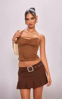 PrettyLittleThing Тканый эластичный корсет на шнуровке мокко