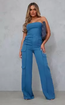 PrettyLittleThing Тканый комбинезон-бандо стального синего цвета с карманами и карманами
